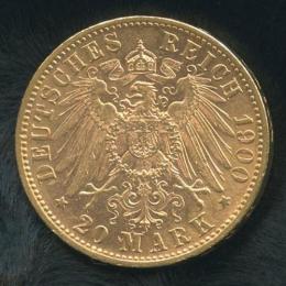 ドイツ ヴェルテンブルク 20マルク金貨 1900年 ヴィルヘルム2世 VF+/EF