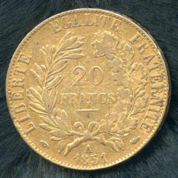 フランス 20フラン金貨 1851年 セレス女神像 VF